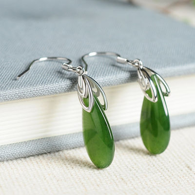 925 Sterling Silver Design Green Nephrite Jade Drop Earrings με εξατομικευμένη εκτύπωση υπολίμανσης λογότυπου