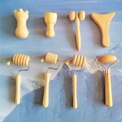 Προσαρμοσμένο λογότυπο Διαθέσιμοs Beech Facial Mini Sculpting Tools ξύλινη θεραπεία προσώπου μασάζ ρόλο σετ ξύλινη θεραπεία προσώπου κιτ