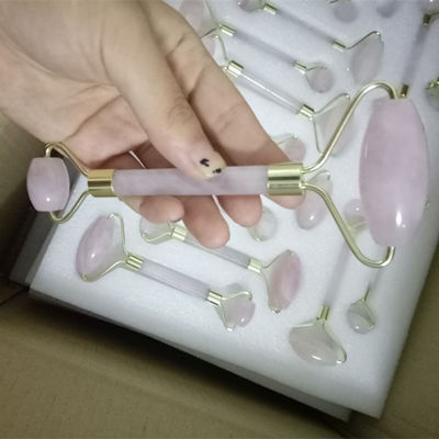 Φυσική φροντίδα Jade Stone Roller Set για το δέρμα του προσώπου μασάζ Gua Sha εργαλείο χαλάρωση αντιγήρανση ρυτίδες-καταπολέμηση ροζ κουάρτς