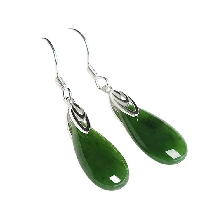 925 Sterling Silver Design Green Nephrite Jade Drop Earrings με εξατομικευμένη εκτύπωση υπολίμανσης λογότυπου