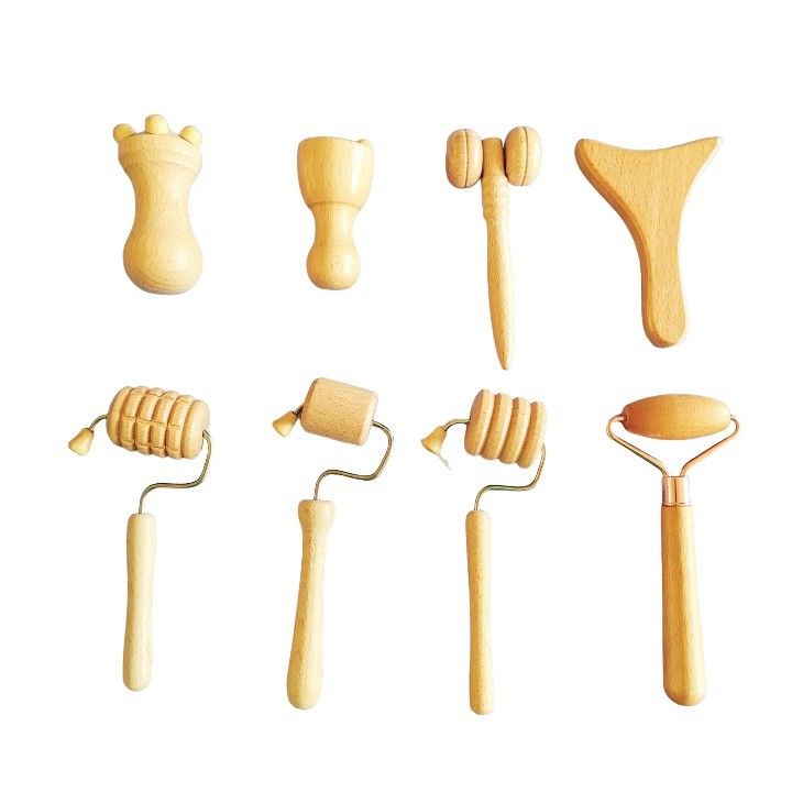Προσαρμοσμένο λογότυπο Διαθέσιμοs Beech Facial Mini Sculpting Tools ξύλινη θεραπεία προσώπου μασάζ ρόλο σετ ξύλινη θεραπεία προσώπου κιτ