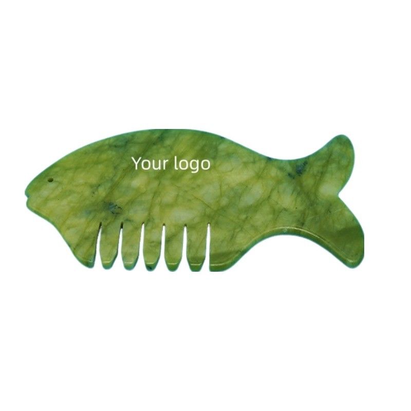 2024 Ψάρι σχήμα Φυσικό Xiuyan Jade Gua Sha Σκαλπί Massage Comb Head Guasha Μασάζ για κίτρινο εξοπλισμό μασάζ κεφαλιού